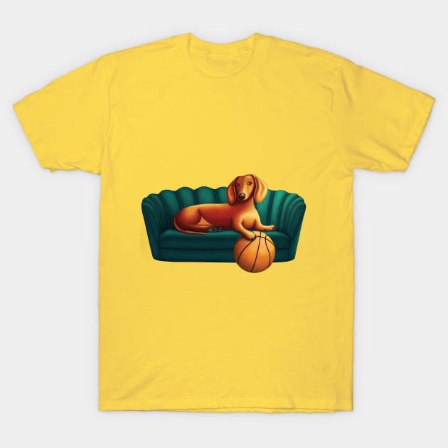 Dachshund on a couch T-Shirt by SqwabbitArt